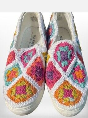 Old Navy White Crochet Slip-On Sneakers with Multicolor Accents